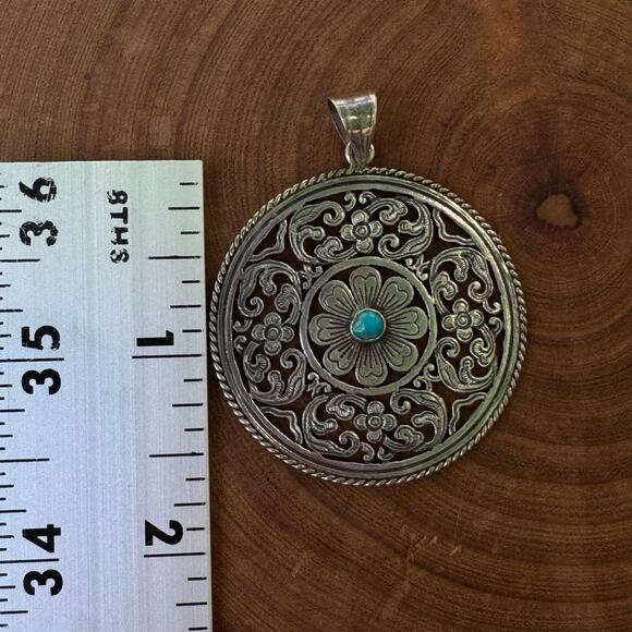 Vintage Sterling Silver Lotus Mandala Pendant Turquoise Boho Statement Festival - Picture 10 of 11